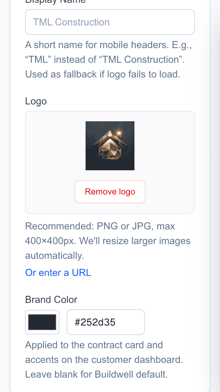 Branding settings with the TML Construction logo uploaded and brand color set to #ea580c.