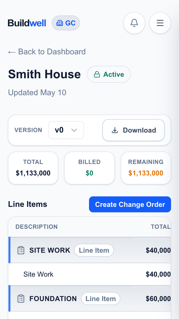 Smith House budget spreadsheet — line items, totals, and the Create Change Order action.