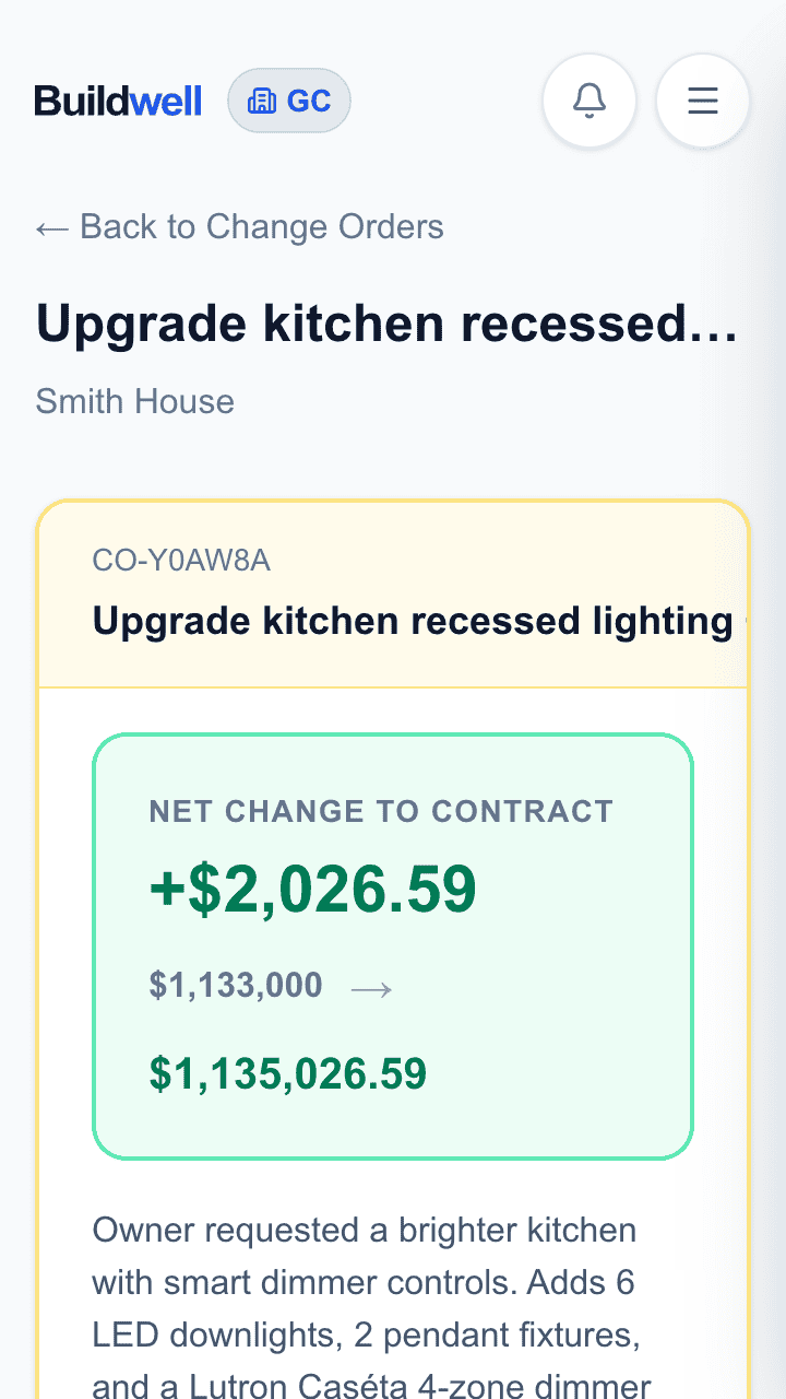 Change-order detail view after sending — net contract change, line item, Awaiting Customer Response status.