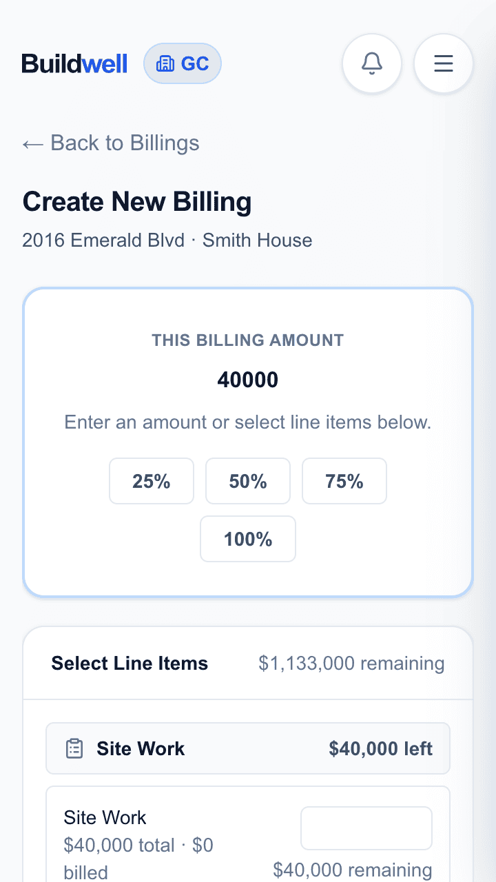 Create Billing screen with description and per-line-item amounts filled in.