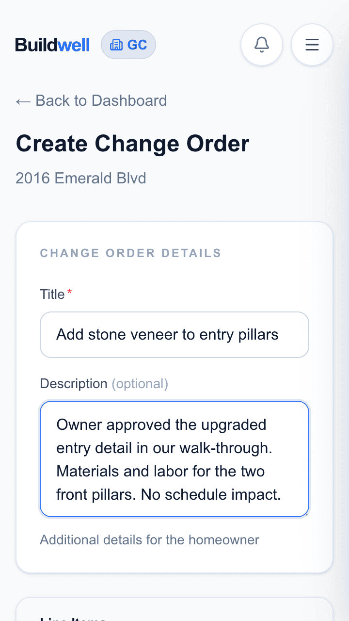Create Change Order screen with title and homeowner description filled in.