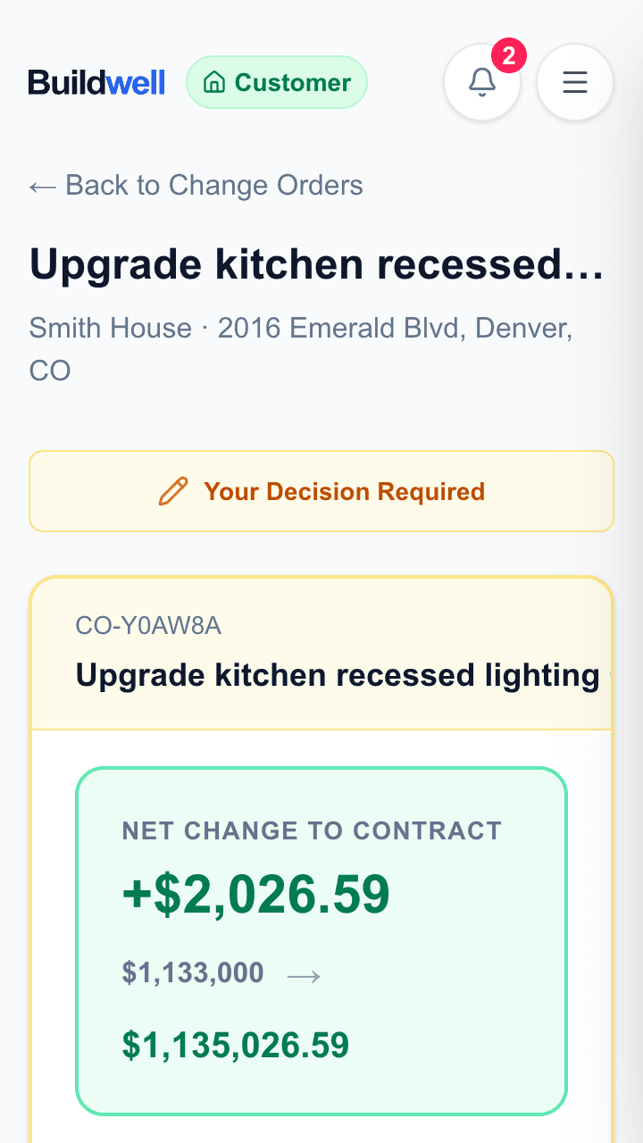 Customer change-order review screen — Your Decision Required header, net contract change, and the change order details ready to sign.